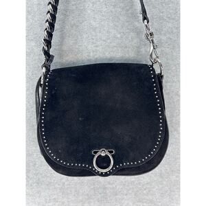Rebecca Minkoff Large Jean Saddle Bag Black Suede BOHO Western Silver Accents